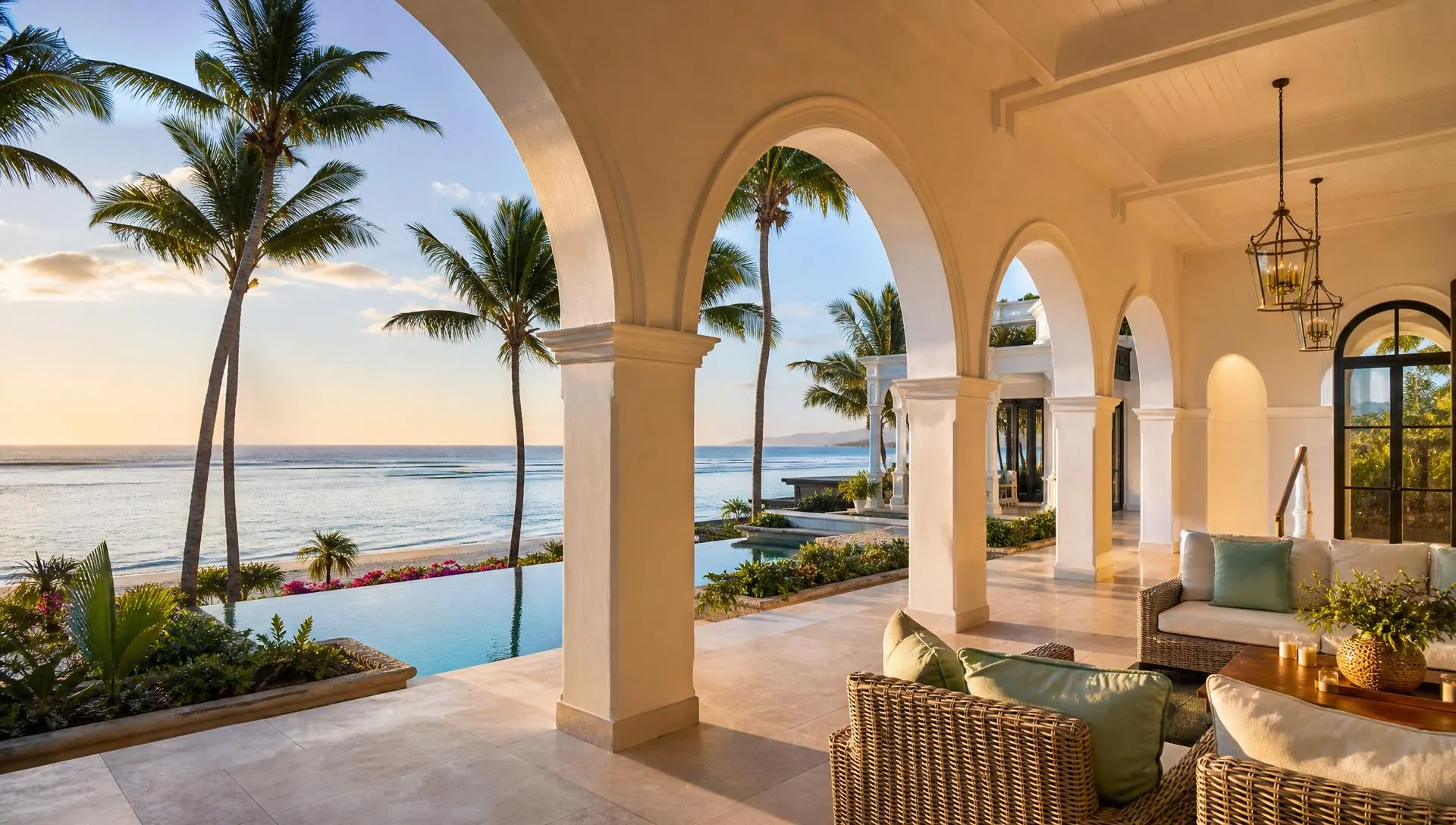 Villa de luxe front de mer avec arches blanches à l'Île Maurice, éclairage studio et vue océan